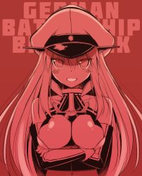 Rule 34 | 10s, 1girl, bismarck (kancolle), breasts, crossed arms, detached sleeves, hat, highres, kantai collection, large breasts, long hair, looking at viewer, military, military hat, military uniform, monochrome, ohta yuichi, peaked cap, red background, shaded face, simple background, smile, solo, uniform