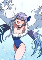 Rule 34 | 1girl, absurdres, akitokage, armpits, arms up, bare shoulders, blue eyes, blue ribbon, blush, breasts, choker, collarbone, fate/grand order, fate (series), frilled one-piece swimsuit, frills, hair ribbon, highleg, highleg swimsuit, highres, long hair, long sleeves, looking at viewer, meltryllis, meltryllis (fate), meltryllis (swimsuit lancer) (fate), meltryllis (swimsuit lancer) (second ascension) (fate), off-shoulder one-piece swimsuit, off shoulder, one-piece swimsuit, open mouth, puffy sleeves, purple hair, ribbon, sleeves past fingers, sleeves past wrists, small breasts, smile, solo, swimsuit, thighs, very long hair, wading, water, wet