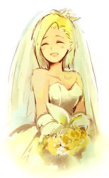 Rule 34 | 1girl, android 18, bare shoulders, blonde hair, bouquet, bridal veil, dragon ball, dragonball z, dress, closed eyes, flower, happy, neko ni chikyuu, open mouth, short hair, simple background, smile, solo, solo focus, veil, wedding dress, white background, white dress