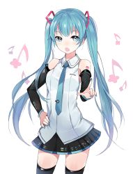 Rule 34 | 1girl, :o, apring, aqua hair, aqua nails, aqua necktie, bad id, bad pixiv id, black skirt, black thighhighs, blue eyes, blush, breasts, cowboy shot, detached sleeves, hand on own hip, hatsune miku, long hair, looking at viewer, medium breasts, musical note, nail polish, necktie, open mouth, pleated skirt, pointing, pointing at viewer, quaver, shirt, simple background, skirt, sleeveless, sleeveless shirt, solo, thighhighs, twintails, vocaloid, white background, zettai ryouiki