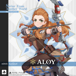 Rule 34 | 1girl, aloy (horizon), arrow (projectile), artist request, boots, bow (weapon), braid, breasts, brown footwear, commentary, crossover, english commentary, genshin impact, green eyes, highres, holding, holding bow (weapon), holding weapon, horizon (video game), horizon zero dawn, jewelry, long hair, necklace, official art, orange hair, pants, pouch, promotional art, side braids, solo, weapon