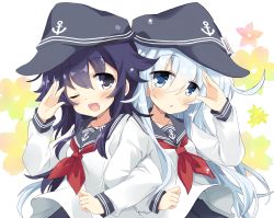 Rule 34 | 10s, 2girls, ;d, akatsuki (kancolle), anchor symbol, bad id, bad twitter id, blue eyes, chestnut mouth, commentary request, flat cap, hair between eyes, hat, hibiki (kancolle), hizuki yayoi, kantai collection, long hair, multiple girls, neckerchief, necktie, one eye closed, open mouth, purple eyes, purple hair, red neckerchief, salute, silver hair, smile, upper body