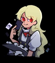 Rule 34 | 100th black market, 1girl, black background, black hat, black vest, blonde hair, bow, bowtie, buttons, card, cropped torso, hat, hat bow, highres, holding, holding card, iganashi1, kirisame marisa, long hair, looking at viewer, mini-hakkero, multicolored buttons, puffy short sleeves, puffy sleeves, red bow, red bowtie, red eyes, shirt, shirt bow, short sleeves, simple background, smile, solo, sparkle, touhou, turtleneck, unworn hat, unworn headwear, upper body, vest, white bow, white shirt, witch hat, yin yang