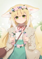 Rule 34 | 1girl, absurdres, animal ears, arknights, blonde hair, blue flower, blush, brown bag, closed mouth, commentary request, flower, fox ears, fox girl, fox tail, gradient background, green background, green eyes, grey sweater, head wreath, highres, hinata (user rjkt4745), long hair, looking at viewer, neck ribbon, pink flower, red ribbon, ribbon, smile, suzuran (arknights), sweater, tail