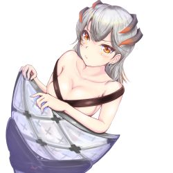 Rule 34 | 1girl, absurdres, arknights, bad id, bad pixiv id, blush, breasts, earrings, highres, horns, jewelry, long hair, looking at viewer, medium breasts, nude, orange eyes, saria (arknights), shield, silver hair, simple background, solo, upper body, white background, zan.co
