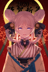 Rule 34 | 1girl, 2020, absurdres, animal ear fluff, animal ears, black bow, black ribbon, bow, braid, brooch, chinese zodiac, closed mouth, commentary request, flower, hair between eyes, hair flower, hair ornament, hair ribbon, highres, japanese clothes, jewelry, kimono, looking at viewer, mouse ears, obi, original, purple eyes, red background, ribbon, sash, sidelocks, solo, striped clothes, striped kimono, twitter username, upper body, vertical-striped clothes, vertical-striped kimono, white flower, white hair, year of the rat, yuuki kira