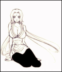 Rule 34 | 1girl, barefoot, breasts, cleavage, facial mark, female focus, forehead mark, full body, japanese clothes, large breasts, long hair, looking at viewer, monochrome, naruto, naruto (series), pii (xpxpxpxp), sitting, solo, tsunade (naruto), very long hair, white background