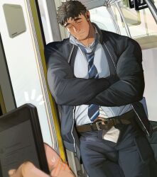 Rule 34 | 2boys, bara, belt, black hair, black jacket, black pants, blush, body blush, brown belt, closed eyes, closed mouth, collared shirt, crossed arms, error musume, facial hair, goatee stubble, highres, holding, holding phone, indoors, jacket, male focus, male underwear, male underwear peek, midriff peek, multiple boys, muscular, muscular male, necktie, open belt, open clothes, open fly, open jacket, open pants, original, paid reward available, pants, phone, recording, salaryman, shirt, short hair, sleeping, sleeping upright, sparse stubble, standing, stubble, tarutoru, underwear, white male underwear, white shirt, yaoi
