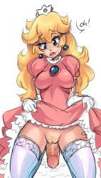 Rule 34 | 1girl, bad id, bad tumblr id, blonde hair, blue eyes, breasts, clothes lift, crown, disembodied penis, drcockula, dress, dress lift, earrings, elbow gloves, gem, gloves, highres, jewelry, kneeling, lipstick, long hair, makeup, mario (series), mini crown, nintendo, no panties, open mouth, penis, pink dress, precum, princess peach, pubic stubble, pussy, pussy juice, solo, solo focus, thigh sex, thighhighs, uncensored, wavy hair, white gloves