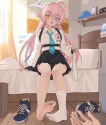 Rule 34 | 1girl, barefoot, bed, blue archive, blue eyes, feet, fingerless gloves, gloves, heterochromia, hoshino (blue archive), long hair, looking at viewer, open mouth, pink hair, shoes, socks, soles, toes, unworn shoes, unworn socks, white socks, xssh, yellow eyes