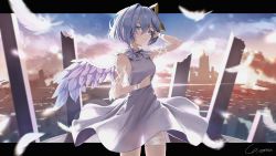 Rule 34 | 1girl, absurdres, amane kanata, angel, angel wings, backlighting, blue eyes, breasts, chromatic aberration, cloud, cloudy sky, dress, facial mark, feathered wings, feathers, grey hair, halo, highres, hololive, letterboxed, outside border, signature, sky, small breasts, solo, star halo, virtual youtuber, white dress, white wings, wings, yo na
