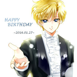 Rule 34 | 10s, 1girl, 2016, bishoujo senshi sailor moon, blonde hair, blue eyes, dated, formal, happy birthday, looking at viewer, outstretched hand, reverse trap, shirataki kaiseki, short hair, smile, solo, suit, ten&#039;ou haruka, white background