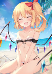 Rule 34 | 1girl, absurdres, armband, bare shoulders, beach, between legs, bikini, black bikini, blonde hair, blue sky, bow, closed eyes, cloud, collarbone, crystal, day, facing viewer, feet out of frame, flandre scarlet, frilled armband, frilled bikini, frills, front-tie bikini top, front-tie top, hair bow, hand between legs, highres, maid, maid bikini, medium hair, micro bikini, miy@, ocean, one side up, open mouth, outdoors, palm tree, pointy ears, red bow, sidelocks, sitting, sky, solo, strapless, strapless bikini, sunlight, swimsuit, thighs, touhou, tree, unconventional maid, wariza, wings