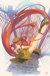 Rule 34 | 1girl, absurdres, aqua eyes, bare legs, bear, beret, blue eyes, braid, fighting stance, from above, gate, hat, highres, hong meiling, htk mikan, leg up, long hair, looking up, red hair, scarlet devil mansion, side braid, solo, star (symbol), touhou, twin braids