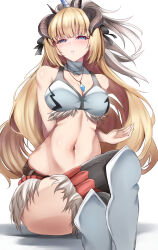 Rule 34 | 1girl, arknights, bare shoulders, black thighhighs, blonde hair, blue eyes, breasts, cleavage, commentary request, cosplay, crop top, feet out of frame, fur trim, highres, horns, jewelry, kirin r yato (arknights), kirin r yato (arknights) (cosplay), long hair, looking at viewer, medium breasts, monster hunter (series), navel, nightingale (arknights), parted lips, pendant, simple background, sitting, solo, stomach, thighhighs, uminekoin kujira, very long hair, white background, yato (arknights)