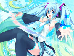 Rule 34 | 1girl, aqua hair, aqua nails, armpits, bad id, bad pixiv id, blue eyes, blue hair, bug, butterfly, detached sleeves, fingernails, gradient hair, green hair, hatsune miku, headset, insect, koto (colorcube), long hair, looking at viewer, matching hair/eyes, multicolored hair, nail polish, necktie, open mouth, outstretched arms, outstretched hand, panties, pantyshot, pleated skirt, skirt, smile, solo, spread arms, striped clothes, striped panties, thighhighs, twintails, underwear, upskirt, very long hair, vocaloid, wallpaper, zettai ryouiki