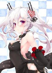 Rule 34 | 1girl, azur lane, backless dress, backless outfit, bare shoulders, black dress, black gloves, blush, breasts, checkered background, closed mouth, commentary request, dress, elbow gloves, gloves, hair between eyes, hair ornament, heart, heart hair ornament, long hair, looking at viewer, looking to the side, medium breasts, noa (nagareboshi), red eyes, silver hair, sleeveless, sleeveless dress, solo, vampire (azur lane), very long hair