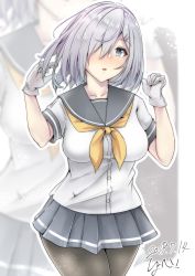 Rule 34 | 1girl, aga marino, black pantyhose, blue eyes, breasts, commentary request, cowboy shot, dated, gloves, grey sailor collar, grey skirt, hair ornament, hair over one eye, hairclip, hamakaze (kancolle), kantai collection, large breasts, looking at viewer, pantyhose, pleated skirt, sailor collar, school uniform, serafuku, short hair, signature, silver hair, skirt, solo, standing, white gloves, yellow neckwear, zoom layer
