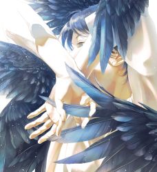 Rule 34 | 1boy, arms up, black wings, blue eyes, blue hair, close-up, covered mouth, crossed wrists, dark blue hair, expressionless, eyelashes, facing away, feathered wings, feathers, fingernails, highres, light, light particles, looking afar, male focus, original, palms, profile, rido (ridograph), shaded face, shirt, simple background, upper body, white background, white shirt, wings