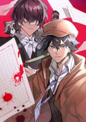 Rule 34 | 2boys, animal, animal on shoulder, black hair, black jacket, black vest, blood, blood splatter, book, brown capelet, brown headwear, bungou stray dogs, cabbie hat, capelet, closed mouth, collared shirt, covered eyes, detective, double-parted bangs, edgar allan poe (bungou stray dogs), edogawa ranpo (bungou stray dogs), flying paper, genkou youshi, green eyes, hair between eyes, hair over eyes, hat, highres, holding, holding book, iyutani, jacket, long sleeves, looking at viewer, male focus, multiple boys, neckerchief, necktie, open collar, paper, parted lips, purple hair, purple necktie, raccoon, red background, serious, shirt, short hair, striped necktie, upper body, vest, water drop, white neckerchief, white shirt