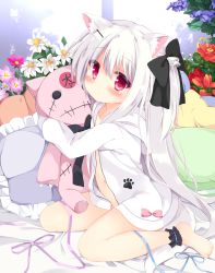 Rule 34 | 1girl, animal ears, ankle cuffs, barefoot, black ribbon, blush, dan ball, dog ears, dog tail, flower, fox ears, fox tail, frilled pillow, frills, hair ornament, hair ribbon, hairclip, holding, holding stuffed toy, hood, hoodie, koinu-chan, long hair, long sleeves, looking at viewer, naked hoodie, navel, original, pillow, red eyes, ribbon, solo, stuffed animal, stuffed toy, tail, very long hair, white hair