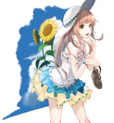 Rule 34 | 1girl, bad id, bad pixiv id, brown hair, cloud, day, fang, flower, frilled skirt, frills, hat, hitotose hirune, long hair, looking at viewer, open mouth, original, sandals, unworn sandals, skirt, sky, solo, sun hat, sunflower, yellow eyes