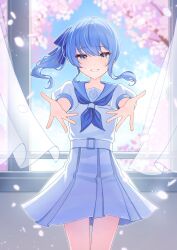 Rule 34 | 1girl, :d, belt, blue eyes, blue hair, blue neckerchief, blue sailor collar, blue sky, blush, cherry blossoms, cowboy shot, crying, crying with eyes open, curtains, day, dot nose, falling petals, floating hair, grin, high-waist skirt, highres, hololive, hoshimachi suisei, indoors, legs together, long hair, neckerchief, open mouth, outstretched arms, petals, pleated skirt, reaching, reaching towards viewer, sailor collar, school uniform, serafuku, shirt, shirt tucked in, side ponytail, sidelocks, skirt, sky, smile, solo, tears, teeth, thigh gap, tsumurimai, virtual youtuber, white belt, white serafuku, white shirt, white skirt, window