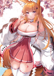 Rule 34 | 1girl, :3, absurdres, ahoge, animal ear fluff, animal ears, bare shoulders, blurry, blurry background, blush, breasts, cleavage, commission, depth of field, fox ears, fox girl, fox shadow puppet, fox tail, hair ornament, hakama, hakama short skirt, hakama skirt, hand up, highres, japanese clothes, large breasts, long hair, long sleeves, looking at viewer, moyoron, nail polish, orange hair, original, pink nails, purple eyes, red hakama, ribbon-trimmed legwear, ribbon-trimmed sleeves, ribbon trim, skeb commission, skirt, solo, tail, thighhighs, v-shaped eyebrows, very long hair, white sleeves, white thighhighs, wide sleeves