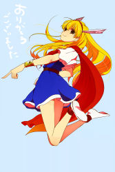 Rule 34 | 1990s (style), 1girl, akazukin chacha, belt, blonde hair, blue background, blue dress, blush, bracelet, brown eyes, cape, dress, highres, jewelry, long hair, magical princess, red cape, retro artstyle, short dress, short sleeves, simple background, tagme, translated, white footwear, winged hair ornament