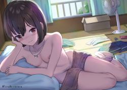 Rule 34 | 1girl, akira tooru, artist name, barefoot, black hair, black nails, blue shorts, blush, box, breasts, brown eyes, collarbone, completely nude, condom, condom wrapper, curtains, electric fan, feet, full body, hand on own cheek, hand on own face, indoors, jewelry, leaning to the side, looking at viewer, nail polish, necklace, nipples, nude, original, resolution mismatch, shirt, unworn shirt, short hair, shorts, unworn shorts, sitting, small breasts, smile, solo, source larger, sweat, toenail polish, toenails, white shirt, window