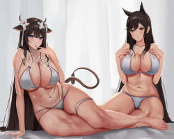 Rule 34 | 2girls, absurdres, alternate costume, animal ears, arm support, armlet, atago (azur lane), atago (summer march) (azur lane), atago (summer march) (azur lane), azur lane, bare shoulders, barefoot, bed sheet, bikini, blush, breasts, brown eyes, brown hair, choker, cleavage, commission, criss-cross halter, cross-laced bikini, cross-laced bikini top, cross-laced clothes, curtains, curvy, extra ears, finger to mouth, flower, hair between eyes, hair flower, hair ornament, halterneck, highres, kashino (azur lane), kashino (hot springs relaxation) (azur lane), large breasts, long hair, multiple girls, navel, nonekong, open mouth, purple eyes, sitting, smile, swimsuit, thick thighs, thighlet, thighs, underboob, white bikini, white choker