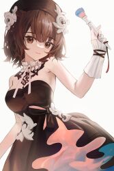 Rule 34 | 1girl, absurdres, animal ears, arknights, bare shoulders, beret, black dress, black ribbon, brown eyes, brown hair, closed mouth, collar, commentary, cowboy shot, dress, flippy (cripine111), frilled collar, frills, grey nails, hand up, hat, highres, holding, holding brush, looking at viewer, medium hair, off shoulder, official alternate costume, otter ears, otter girl, ribbon, roberta (arknights), roberta (granter of colors) (arknights), simple background, smile, solo, strapless, strapless dress, white background, white collar, white ribbon
