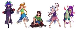 Rule 34 | 5girls, absurdres, animal ears, barefoot, black hair, bracelet, brown hair, china dress, chinese clothes, circlet, detached sleeves, dog ears, dog girl, dress, extra tails, feet, flower, flower on head, food, bear trap, full body, highres, horns, jewelry, legs, looking at viewer, low twintails, miniskirt, mitsugashira enoko, monkey tail, multicolored clothes, multicolored dress, multicolored hair, multiple girls, necklace, nippaku zanmu, oni horns, onigiri, parted bangs, purple dress, purple hair, red eyes, sandals, shorts, single-shoulder dress, single detached sleeve, single horn, skirt, skull, smile, son biten, speckticuls, tail, tenkajin chiyari, toes, touhou, twintails, unfinished dream of all living ghost, yomotsu hisami