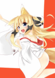 Rule 34 | 1girl, absurdres, animal ears, bare shoulders, blonde hair, blue eyes, blush, cero-z, dated, fang, fox ears, fox tail, hair ribbon, highres, japanese clothes, long hair, looking back, open mouth, original, ribbon, short ponytail, simple background, smile, solo, tail