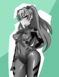 Rule 34 | 1girl, :&lt;, bodysuit, breasts, cameltoe, cleft of venus, closed mouth, collarbone, covered collarbone, covered erect nipples, covered navel, curvy, gloves, green background, greyscale, hair between eyes, hair ornament, half-closed eyes, hand on own hip, highres, interface headset, long hair, looking at viewer, medium breasts, mon eree, monochrome, neon genesis evangelion, plugsuit, shiny clothes, skin tight, solo, souryuu asuka langley, tsundere, turtleneck, twintails, two side up, wide hips