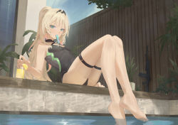 Rule 34 | 1girl, an-94 (girls&#039; frontline), barefoot, braid, brown hair, cirilla lin, cocktail, cocktail glass, cup, drink, drinking glass, feet, french braid, girls&#039; frontline, green eyes, highres, long hair, looking at viewer, one-piece swimsuit, plant, ponytail, pool, scenery, solo, swimsuit