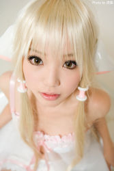 Rule 34 | 1girl, asian, bare shoulders, blonde hair, breasts, brown eyes, chii, chii (cosplay), chobits, cosplay, cosplay photo, highres, kipi-san, long hair, looking at viewer, photo (medium), real life, sidelocks, sitting, small breasts, solo