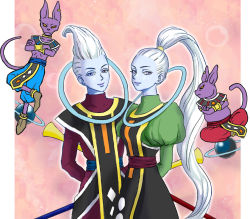 Rule 34 | 10s, 1girl, 3boys, arms behind back, beerus, blue skin, brother and sister, brothers, champa (dragon ball), colored skin, dragon ball, dragon ball super, earrings, esu (makok715), high ponytail, jewelry, light purple hair, lipstick, long hair, makeup, multiple boys, planet, purple lips, siblings, single earring, smile, vados (dragon ball), very long hair, whis, white hair