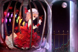 Rule 34 | 1girl, arch, backless dress, backless outfit, bad id, bad pixiv id, bai kongque, blonde hair, bug, butterfly, cage, dress, embellished costume, female focus, fence, fingernails, flandre scarlet, full moon, hat, hat ribbon, bug, mob cap, moon, nail polish, night, night sky, pillar, profile, red eyes, ribbon, short hair, sky, solo, touhou, wings, wrist cuffs