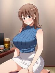 Rule 34 | 1girl, absurdres, barefoot, beef, beer can, blue shirt, blush, breasts, brown eyes, brown hair, can, closed mouth, commentary request, drink can, fish, food, highres, indoors, large breasts, looking at viewer, medium hair, original, pencil skirt, shirt, sitting, skirt, sleeveless, sleeveless shirt, smile, solo, table, tokunaga (umemoto), white skirt