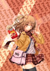 Rule 34 | 1girl, amayofuu, black thighhighs, blush, food, looking at viewer, mouth hold, original, plaid, plaid scarf, plaid skirt, pocky, scarf, short hair, skirt, smile, solo, thighhighs, twintails