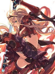 Rule 34 | 10s, 1girl, armor, armored boots, ass, belt, black panties, black thighhighs, blonde hair, blue eyes, boots, braid, breasts, cleavage, crop top, eredhen, frilled skirt, frills, from side, gauntlets, granblue fantasy, hair ornament, hairband, holding, holding weapon, leg up, light particles, long hair, looking at viewer, midriff, miniskirt, navel, panties, pantyshot, pauldrons, profile, red armor, revision, shoulder armor, skirt, solo, sweat, thigh boots, thighhighs, twintails, underwear, upskirt, weapon, zeta (granblue fantasy)