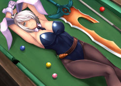 Rule 34 | 1girl, absurdres, alternate eye color, animal ears, armpits, arms up, ball, battle bunny riven, billiard ball, billiards, black necktie, black pantyhose, breasts, broken, broken sword, broken weapon, choker, cleavage, covered navel, cue stick, fake animal ears, folded ponytail, from above, grey eyes, hair over one eye, highres, large breasts, league of legends, leotard, looking at viewer, lying, navel, necktie, on back, pantyhose, playboy bunny, pool table, rabbit ears, riven (league of legends), silver hair, solo, sword, table, weapon, yashichii