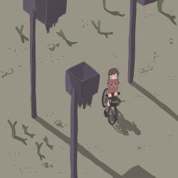 Rule 34 | 1girl, absurdres, bicycle, bicycle basket, black footwear, brown hair, brown skirt, closed eyes, desert, from above, fucca, grey socks, handlebar, highres, holding, kneehighs, long hair, long sleeves, low twintails, madotsuki, no mouth, outdoors, pink sweater, plant, pole, print sweater, riding, riding bicycle, sand, shadow, shoes, skirt, socks, solo, sweater, twintails, wide shot, yume nikki