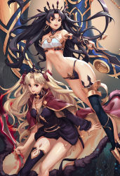 Rule 34 | 2girls, black hair, blonde hair, breasts, cleavage, cloak, ereshkigal (fate), fate/grand order, fate (series), glowing, glowing weapon, gold trim, highres, ishtar (fate), ishtar (fate), long hair, looking at viewer, lucidsky, multiple girls, nail polish, navel, single thighhigh, skull, smile, stomach, thighhighs, tiara, tohsaka rin, very long hair, weapon