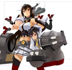 Rule 34 | 10s, 3girls, anchor symbol, bare shoulders, binoculars, black hair, black legwear, breasts, carrying, carrying over shoulder, clothes writing, commentary request, dress, garter straps, gradient hair, hairband, headgear, kantai collection, large breasts, long hair, long sleeves, machinery, miniskirt, multicolored hair, multiple girls, nagato (kancolle), navel, panties, pleated skirt, purple eyes, red eyes, sailor dress, see-through, side-tie panties, silver hair, simple background, skirt, smile, thighhighs, tokitsukaze (kancolle), turret, underwear, underwear writing, watanore, white background, white panties, white skirt, yukikaze (kancolle)