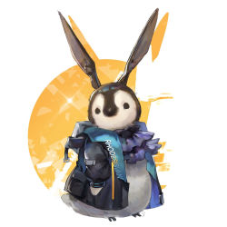 Rule 34 | amiya (arknights), animal ears, animalization, arknights, ascot, bird, black jacket, blue ascot, chinese commentary, commentary, dadijiji, full body, highres, hood, hooded jacket, jacket, looking at viewer, no humans, open clothes, open jacket, penguin, rabbit ears, simple background, solo, white background