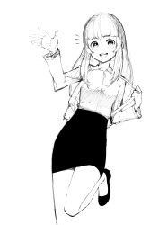 Rule 34 | 1girl, :d, absurdres, black footwear, blunt bangs, grand summoners, high heels, highres, liese (grand summoners), long hair, looking at viewer, monochrome, office lady, open mouth, pencil skirt, pumps, puppuppa, shirt, sketch, skirt, smile, solo