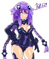 Rule 34 | 1girl, blue eyes, braid, breasts, cleavage, cleavage cutout, clothing cutout, covered navel, hair ornament, hand on own hip, kurozero, large breasts, leotard, long hair, neptune (series), power symbol, power symbol-shaped pupils, purple hair, purple heart (neptunia), simple background, smile, solo, symbol-shaped pupils, twin braids, twintails, very long hair, white background