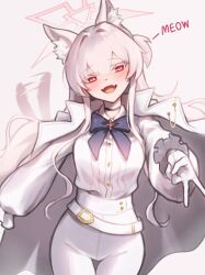 1girl akira_(blue_archive) animal_ear_fluff animal_ears blue_archive blush bow bowtie cat_ears cat_tail choker gloves halo long_hair long_sleeves looking_at_viewer pants red_eyes shirt smile solo tail undreaming white_gloves white_hair white_pants white_shirt